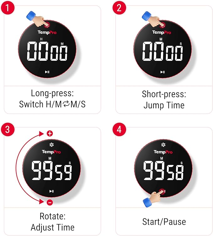 TempPro 99-Hour Digital Kitchen Timer with Strong Magnetic & Stable Stand, Classroom Timers with 3-Volume-Level, Stopwatch with Large LED Display, Digital Timers for Classroom, (Previously ThermoPro)