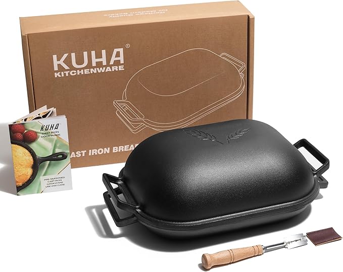 KUHA Cast Iron Bread Pan with Lid + Bread Lame - Black Heavy Duty Cast Iron Loaf Pan for Homemade Breadmaking - Pre-seasoned Bread Oven