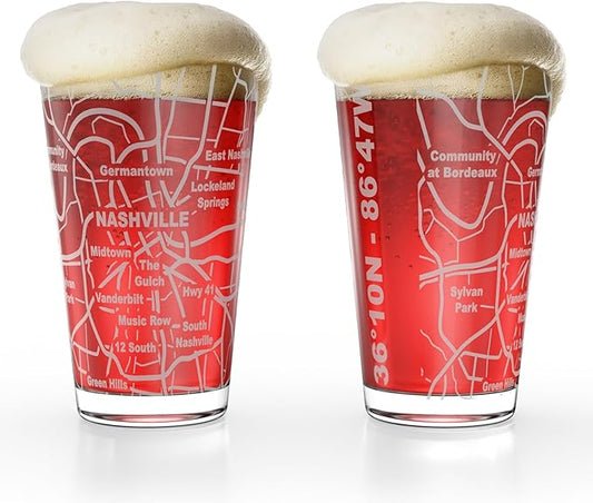 Greenline Goods – Nashville, TN Map Pint Beer Glasses (Set of 2), 16 oz – Etched Wrap Design