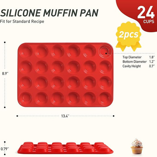 Socisen 2 Pack 24 Cups Silicone Mini Muffin Pan with Metal Reinforced Frame Silicone Molds Cupcake Cake Baking Cheesecake Pans Cookie Baking Chocoflan Cupcake Mold Mini Bundt Cake Pan Women Gift