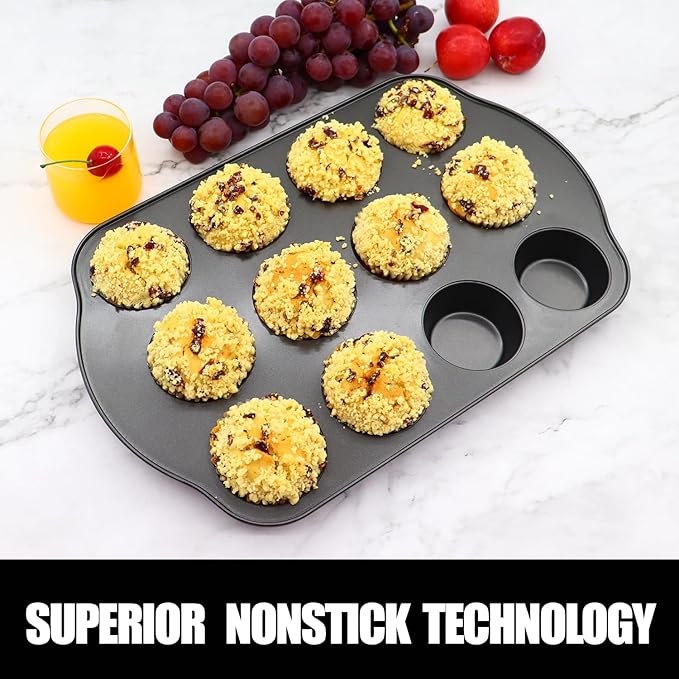 JOHO BAKING 12+24 Muffin Pan Set (2 Pack) - Nonstick Cupcake Tins Dark Gray | Heavy Duty Carbon Steel, Rustproof, Oven Safe Baking Gift