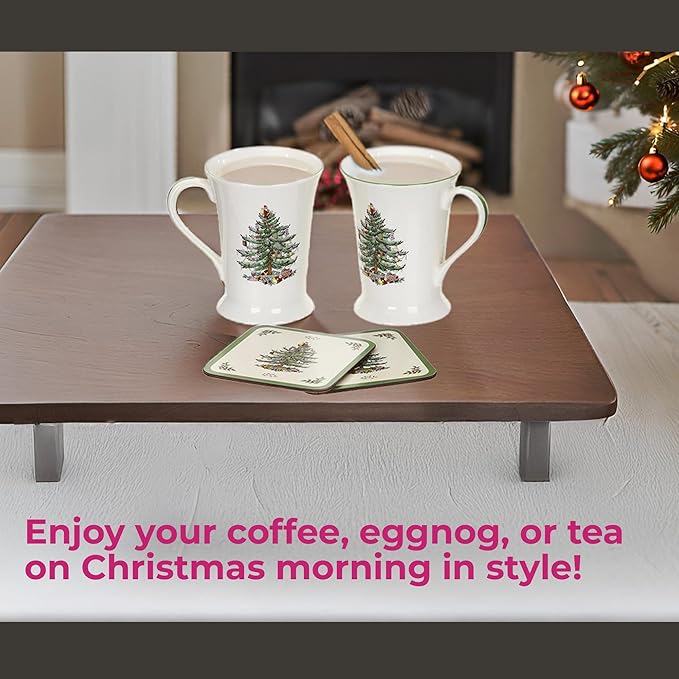Spode Pimpernel 10 oz Mug & Coaster Set – 2 Porcelain Coffee Cups with Handles & 2 Square 5mm Cork-Backed Drink Mats, Durable Heat & Stain Resistant Table Accessories for Dining, Kitchen & Home