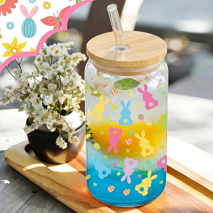 Jinei 2 Pcs Glass Cup Set 18 Ounce Glasses Cups with Bamboo Lids and Straws Tumbler for couple Mug for Women Men Birthday Party Favor Gift(Easter Day)
