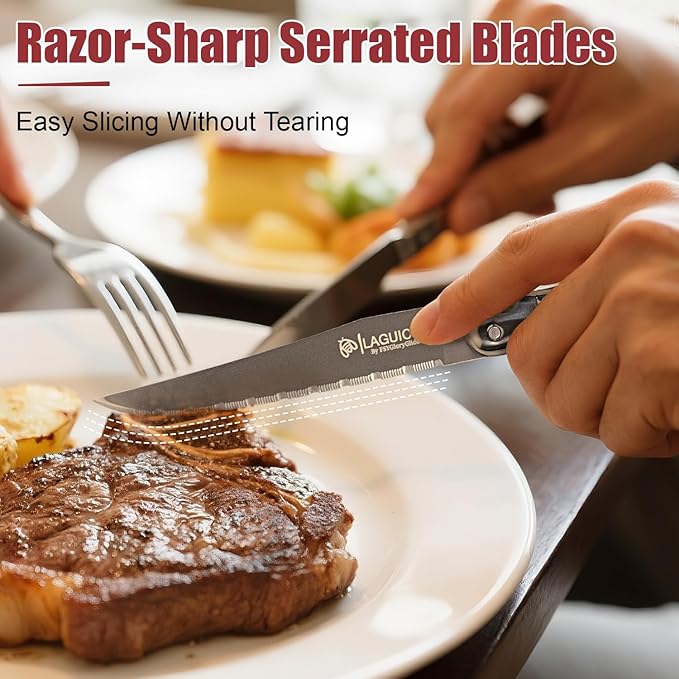 Laguiole Style Steak Knives Set of 8, Serrated Stainless Steel Steak Knife Set, Elegant French Design, Dishwasher Safe, Gift Box for Dinner & BBQ (sliver-8)