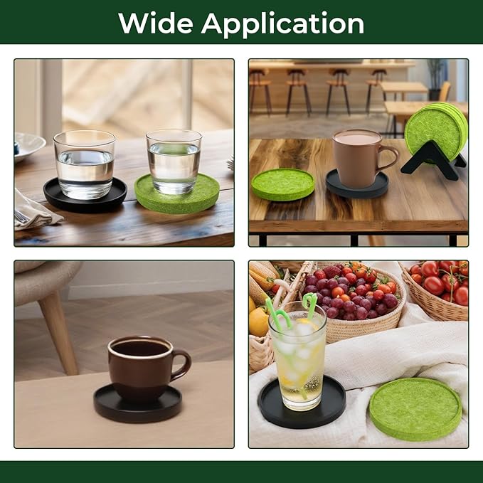 Acacia Wood Coaster Set of 8 with Holder - Dual-Material Design (4 Wood & 4 Absorbent Felt Pads) - 3" Non-Slip Furniture Protectors for Coffee Table, Home Bar & Office, Round Coaster Set