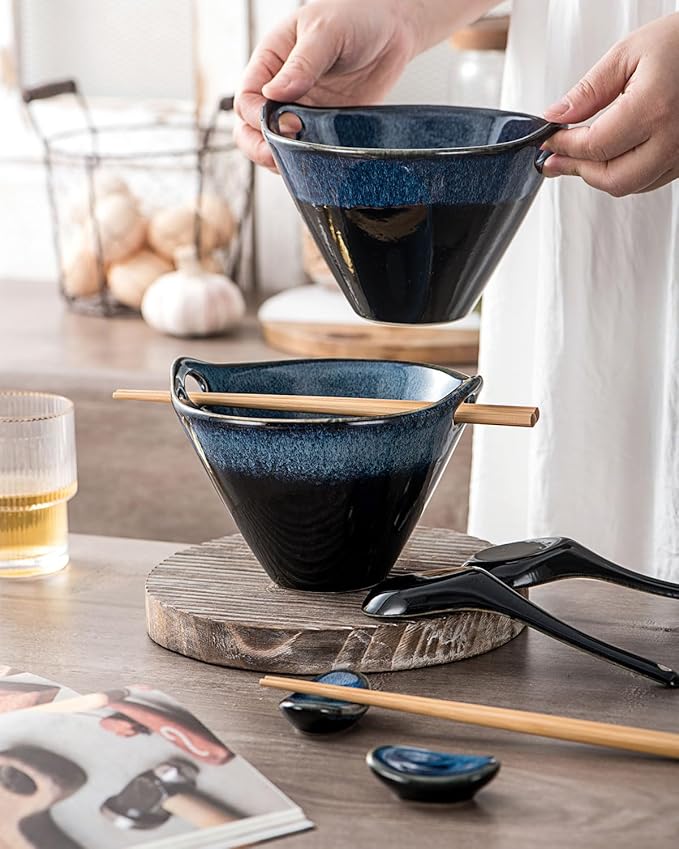 UNICASA Japanese Ramen Bowl Set with Chopsticks, Spoons and Rests, 20oz Deep Porcelain Noodle Bowl Set of 2 for Udon, Pho, Salad, Soup (Reactive Blue)