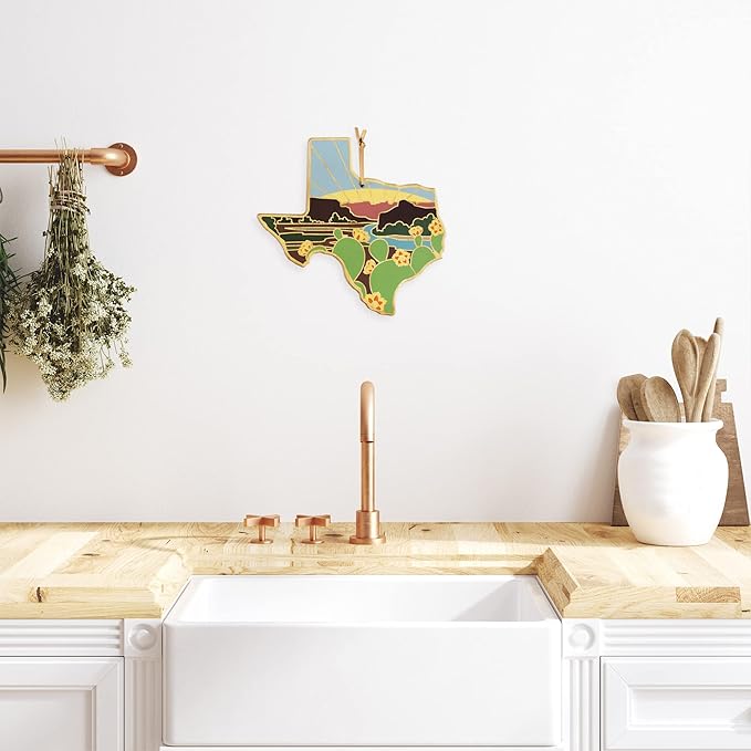 Totally Bamboo Texas State Shaped Cutting Board and Charcuterie Serving Platter with Artwork by Summer Stokes, Includes Hang Tie for Wall Display 14" x 13-3/8" x 5/8"