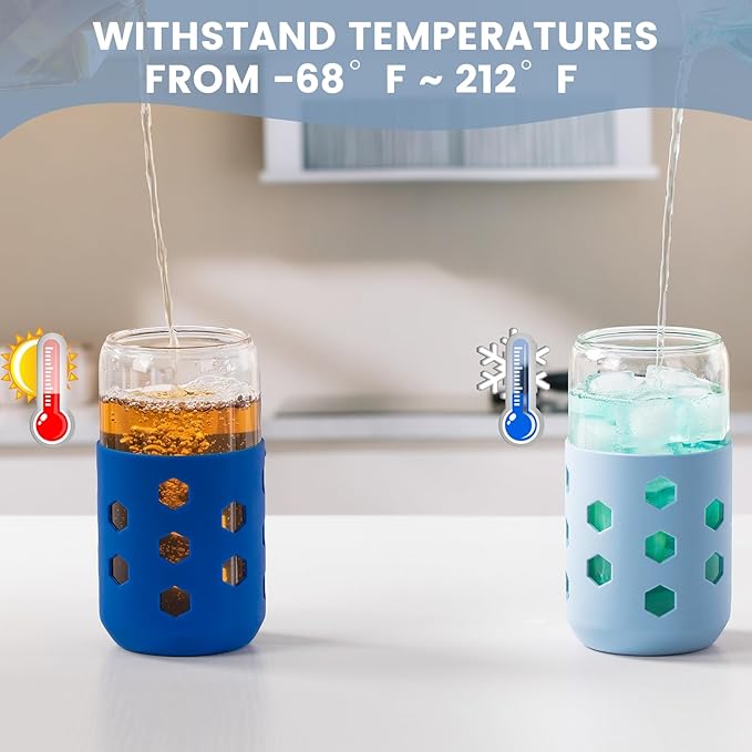 Glass Cups with Lids and Straws (4 Pack), 16oz Drinking Glasses Set with Silicone Sleeves for Coffee Bar Accessories Iced Coffee Cups with Lids, Glass Tumbler Reusable for Gifts