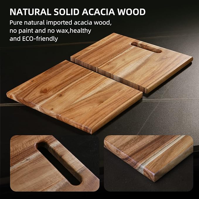 YSTKC Acacia Wood Cutting Board with Hand Grip 15" x 9.5" Inch, Wooden Reversible Chopping Board with Handle for Kitchen Meal Prep Serving, Chopping, Carving Meat, Fruits, Vegetables, Charcuterie
