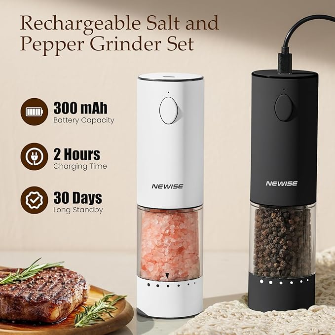 Electric Salt and Pepper Grinder Set, Adjustable Coarseness & LED Light, Rechargeable Large Capacity Stainless Steel Mill, Valentines Day Cooking Gifts for Him Men- Black/White