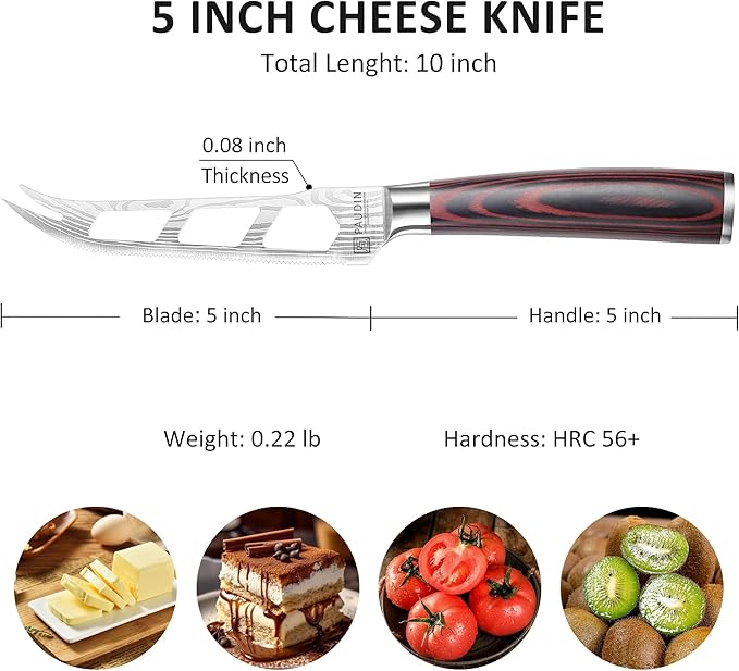 PAUDIN Cheese Knife, 5 Inch Serrated Knife, Multi-Use Tomato Knives with Ergonomic Pakkawood Handle, High Carbon Steel Ultra Sharp Small Kitchen Knives