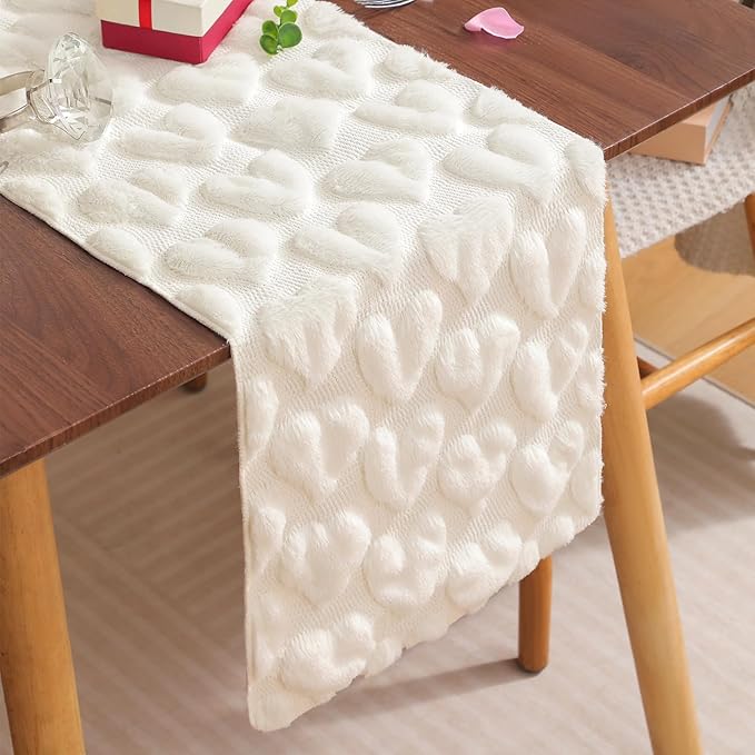 Table Runner 13x72 Inch for Valentine's Day, 3D Heart Shape Winter Holiday Decorative Farmhouse Table Decorations for Kitchen Dinning, Indoor Outdoor Dinner Party Decor (White)