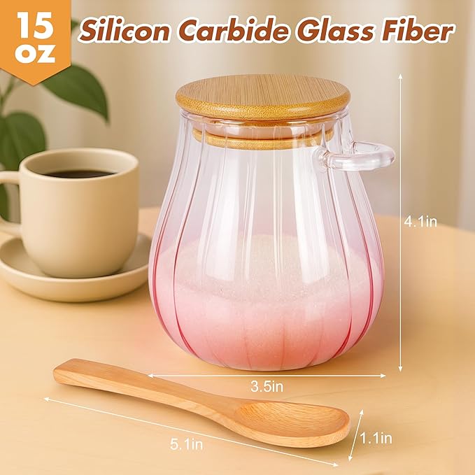 Arrozon 15 oz Pink Sugar Bowl with Bamboo Lid and Spoon,Pink Kitchen Decor and Accessories,Glass Jar with Airtight Lid, Brown Sugar Keeper, Sugar Container for Coffee Bar and office