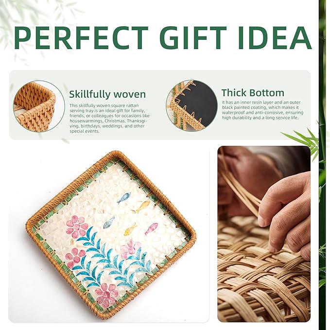 1 pcs Rectangle Rattan Serving Tray with Mother of Pearl Inlay, Decorative Wicker Tray for Coffee, Bread, Fruits, Elegant Table Decor for Living Room & Dining Room