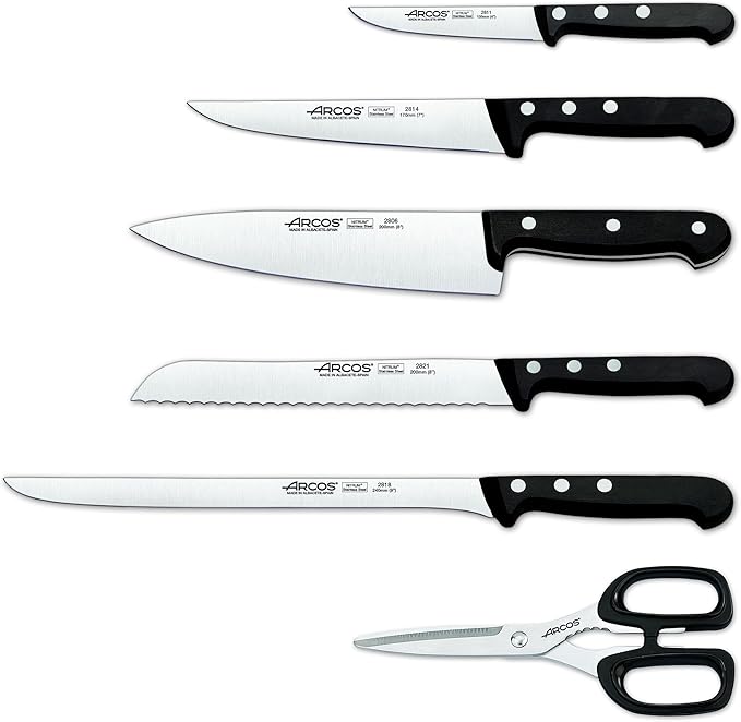 Arcos Kitchen Block Knife Set 6 pieces (5 Knives + 1 Scissors). Stainless Steel - Polyoxymethilene (POM) Handles. Pine Wood Block