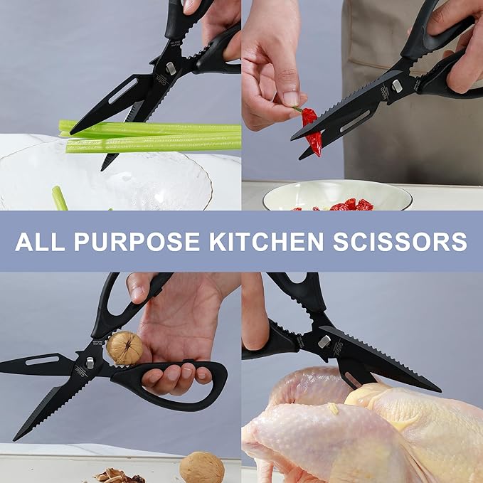 Kitchen Shears Kitchen Scissors Come Apart with Serrated Blade Premium Black Titanium Plated Stainless Steel Kitch Scissors for Food Heavy Duty Chicken Bone Nutcracker Bottle Can Opener 01A