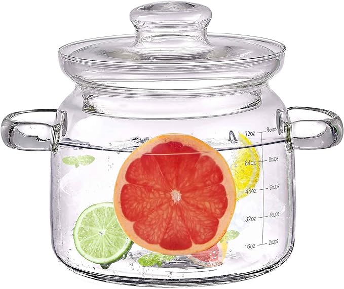 Jjojcll 2.3L(75oz) Glass Cooking Pot with Lid，Handmade Borosilicate Glass Stockpot with Graduations - Glass Saucepan with Cover for Cooking and Serving