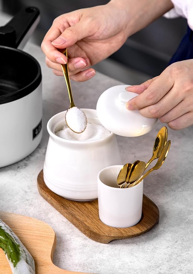 Nucookery Porcelain Sugar Bowl with Lid and Spoons, 14 oz. Large Sugar Container for Coffee Bar, Deluxe Sugar Bowl Set with Stainless Steel Spoons (White, Golden Spoon)