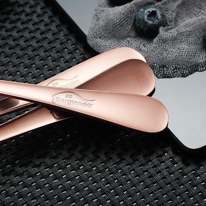 Berglander Stainless Steel Rose Gold Titanium Plated Flatware Serving Set 6 Pieces, 5 Serving Pieces of 45 Pieces Flatware With 1 Cake Server, Copper Serving Silverware Set (Shiny Rose Gold)