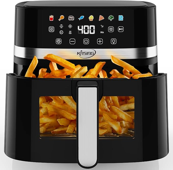 KINSING Air Fryer 6.5 QT,8 in 1 with Visible Window,LED display, 400℉ Precise Temperature Control, Shake Reminder&Pre-heat indicator,Metal inner cavity,Nonstick & Dishwasher Safe Basket