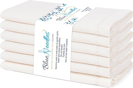 Blue Needles Set of 6 Hemstitch Linen Napkins 100% Cotton Cream Cloth Dinner Napkins 18x18 inches, Soft, Reusable, Absorbent, Washable, Ideal for Wedding Events, Parties & Everyday Use