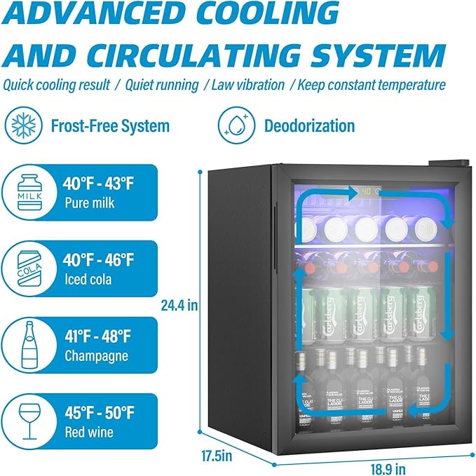 Compact Beverage Refrigerator, 105 Can/2.7 Cubic Feet Fridge with Glass Front Door for Soda, Beer or Wine, Under Counter Small Refrigerator with Adjustable Shelve & Digital Display(Black)