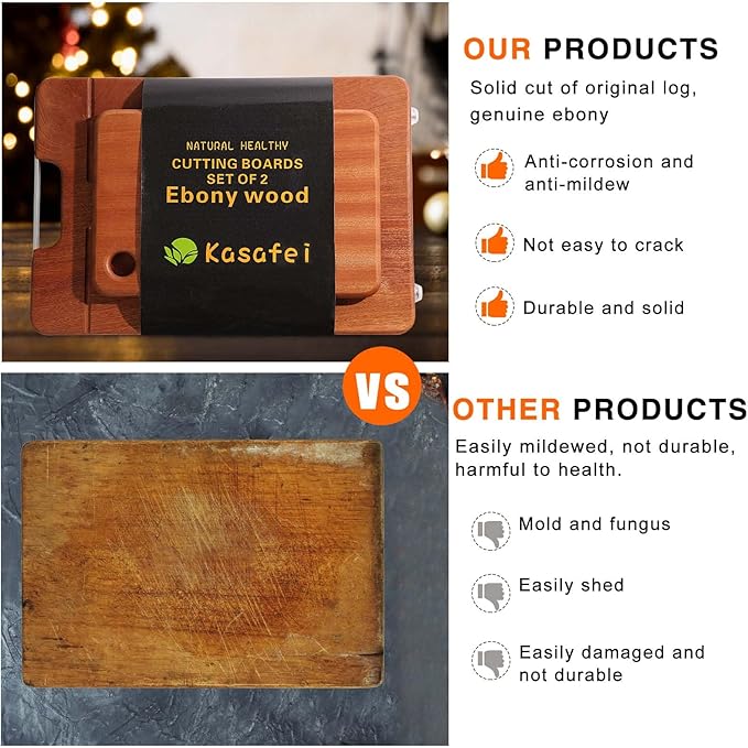 KASAFEI Ebony Kitchen Cutting Board, Wooden Chopping Board, Durable, Solid Wood, Suitable for Cutting Meat, Cheese, Vegetables, Fruit, Raw and Cooked Food, Grooved Tray with Handle [Set of 2]