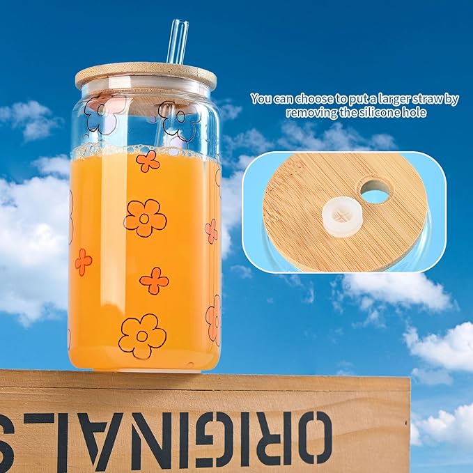 Sublimation Glass Blanks with Bamboo Lid, 16OZ Clear Sublimation Beer Cups with Glass Straws Gift Box for Christmas, Mason Jar Cups Mug Travel Tumbler for Juice, Iced Coffee, Drinks (8 PACK)