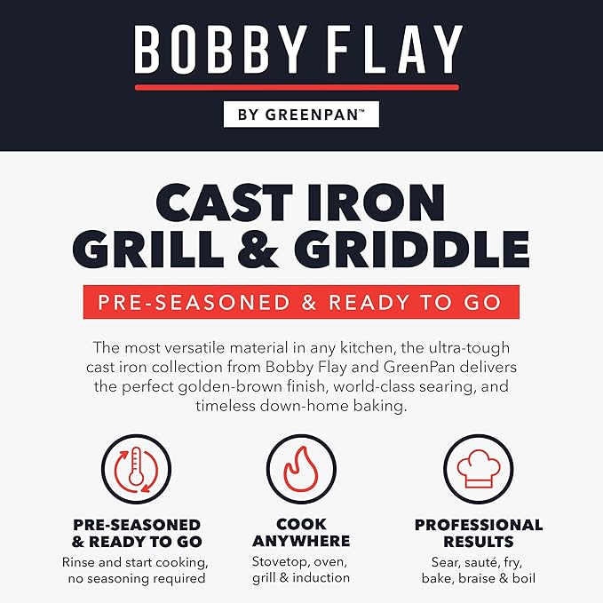 GreenPan x Bobby Flay Cast Iron Pre-Seasoned 16.5 x 9.5” Reversible Double Burner Griddle, Rectangular Grill, Helper Handles, Induction, Versatile Stovetop Oven BBQ & Fire, Indoor & Outdoor Use, Black