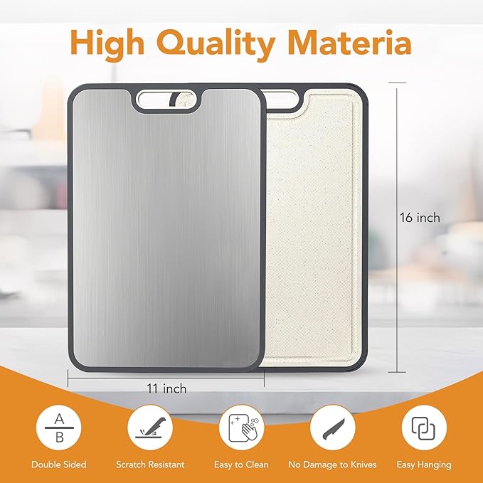 Titanium Cutting Board for Kitchen, 2-in-1 Double-Sided with Food Grade Pure Titanium & Wheat Straw PP, Easy to Clean, Large Size 16” x 11”