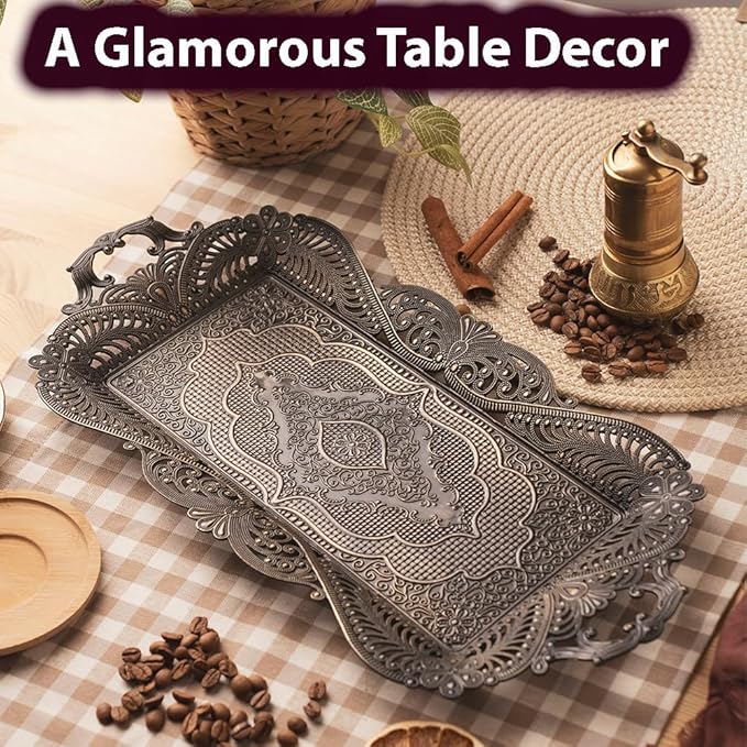 Small Antique Moroccan Coffee Tea Serving Tray Decor Decorative Handles Rectangle - Antique Arabic Brass Metal Fancy Rustic Farmhouse Candle Rectangular Bar Style Traditional Vintage Home Decor Tray