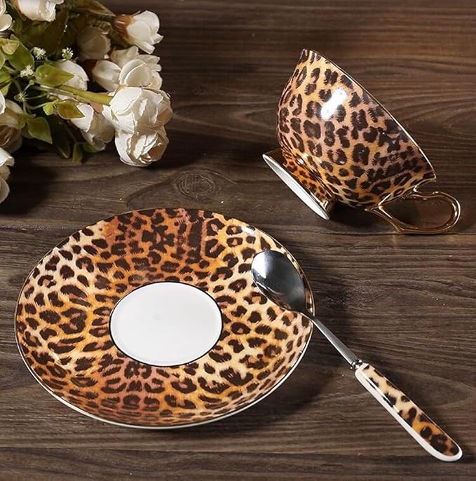 YBK Tech Euro Style Bone China Cup& Saucer Set, Ceramic Tea Coffee Cup for Home Kitchen Wedding (Leopard Pattern)