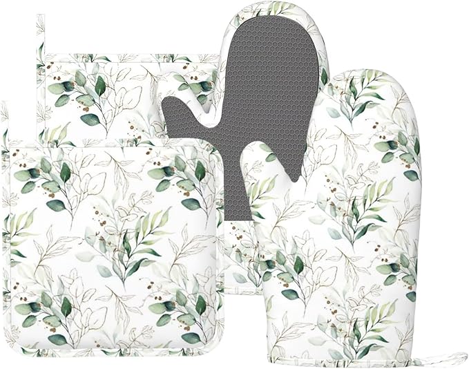 Watercolor Floral Pattern Silicone Oven Mitts and Pot Holders Sets Green and Gold Leaves with Branches Kitchen Mitts Potholder Kitchen Accessories for Cooking Baking BBQ