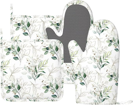 Watercolor Floral Pattern Silicone Oven Mitts and Pot Holders Sets Green and Gold Leaves with Branches Kitchen Mitts Potholder Kitchen Accessories for Cooking Baking BBQ