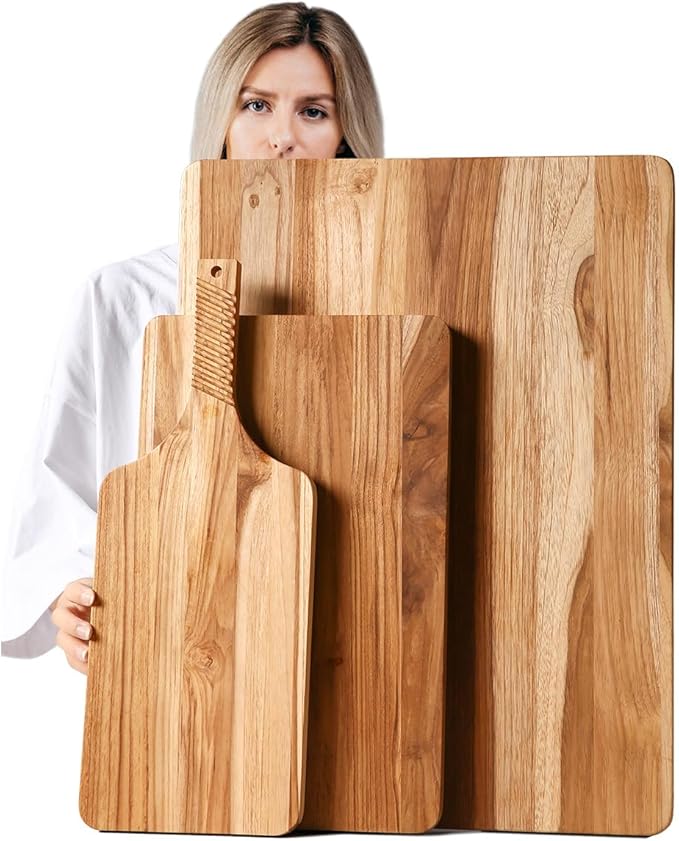 YUSOTAN Teak Wood Cutting Board Set of 3 for Kitchen, Thick Chopping Board, Large Wooden Cutting Board Set, Wooden Trays for Turkeys, Meat, Fruit and Cheese