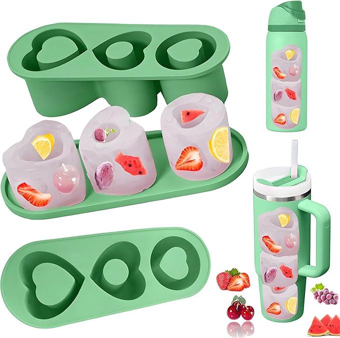 Ice Cube Trays for Stanley Cup 20 30 40 OZ Tumbler Ice Mold Heart Shape Silicone Ice Cube Tray with Lid, Stanley Ice Mold and Maker Ice Cube for Cocktails, Whisky, Juice (20-30 OZ, Green)