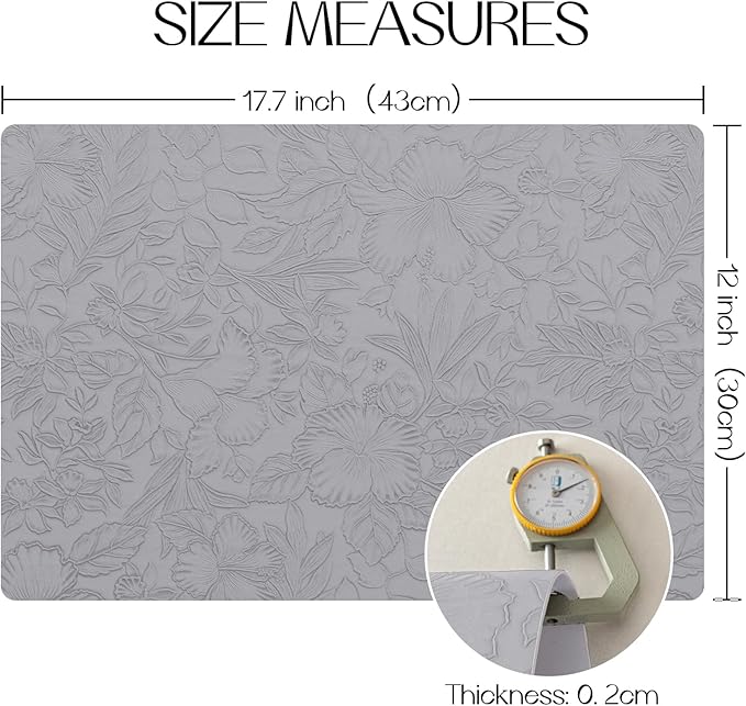 Romanstile Vinyl Placemats Set of 4-12 X 17 Inch - Heat Resistant Non-Slip Embossed Floral Place Mats 100% Waterproof Oilproof Wipeable Faux Leather Table Mats for Kitchen/Dining/Party, Grey