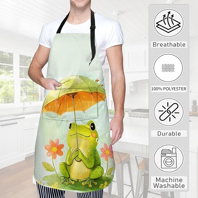 Cartoon Frog Apron Whimsical Toad with Umbrella and Flowers Aprons Waterproof Oxford Polyester Adjustable Pockets Design for Cooking, Crafting, Garden Decor, for Adults, 28x33 Inch