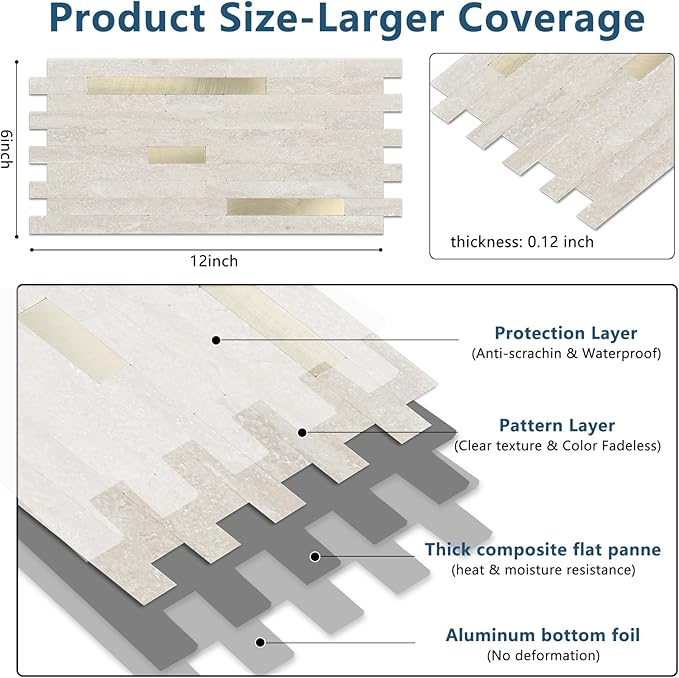 Yipscazo 2 Sheets PVC Wall Tiles Stick on Tiles for Backsplash Kitchen, Bathroom, Laundry Room, Camper, Fireplace (6'' X 12'', Beige Cave Stone)