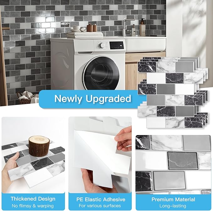 Art3d Peel and Stick Black White Grey Marble Wall Tiles – 12"x12" Thicker Design Backsplash, Self-Adhesive Tile for Kitchen & Bathroom Decor