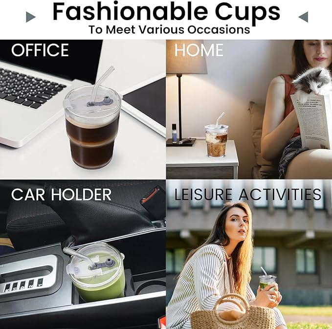 Glass Cups With Lids And Straws, Iced Coffee Cup,15Oz/450ml Iced Coffee Glasses Tumbler, Thick Wall Glass Mug For Tea Water, Matcha Cup Chirstmas Gifts (Clear,1PCS)