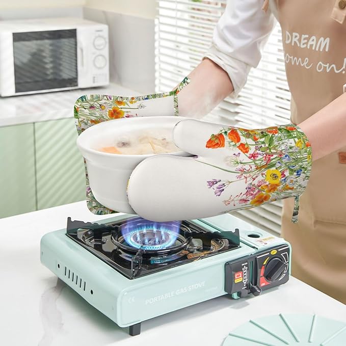 Colorful Floral Silicone Oven Mitts and Pot Holders Sets Vintage Botanical Floral Plant Kitchen Mitts Potholder Kitchen Accessories for Cooking Baking BBQ
