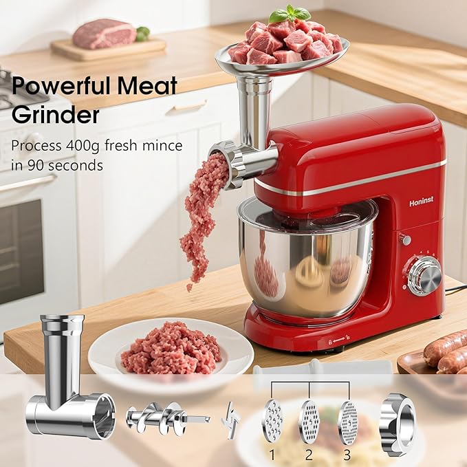 Honinst Stand Mixer, 7-IN-1 6.5QT 660W Multifunctional Electric Kitchen Mixers with Blender, Meat Grinder, Dough Hook, Whisk and Beater, 8-Speed Food Mixer for Baking, Cooking, Food Processing, Red