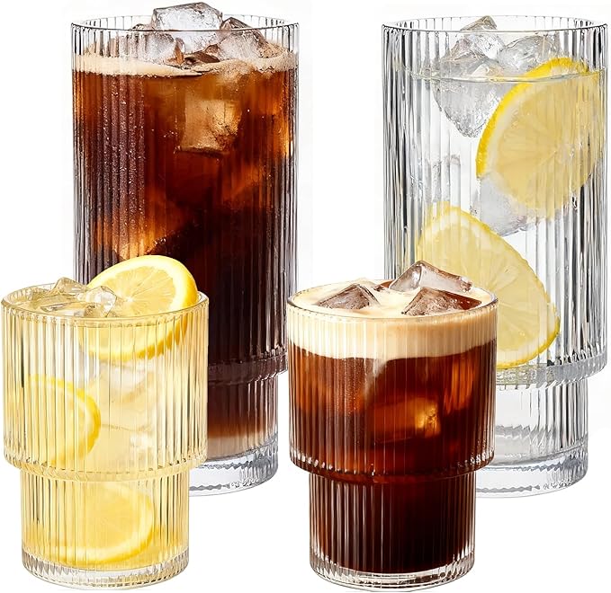 Ribbed Drinking Glasses Set of 4, Stackable Cute Kitchen Glasses Cups 16oz and 7oz Iced Coffee Glasses cocktail Glass cup for Water, Beverage, Whiskey