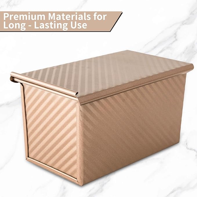 Hikaproligt Pullman Loaf Pan with Lid 2 Pack, 8x4 Inch 1LB Nonstick Carbon Steel Bread Pans, Gold Corrugated Sandwich Bread Baking Pan for Toast, Sourdough, Homemade Bread
