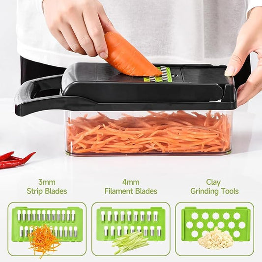 Vegetable Chopper, Food Veggie Chopper, Onion and Vegetable Slicer with Container, Dicer, Kitchen Gadget and Essential (15 in 1, Gray-Green)