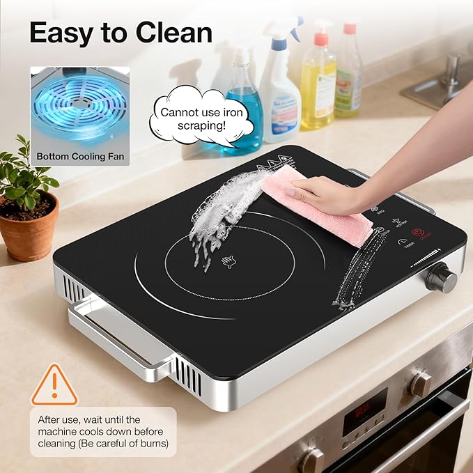 WABK Portable Electric Cooktop, 1800W Infrared Hot Plate Countertop Burner with Handle, 110V Single Burner Electric Stove with Knob & Touch Control, 4-Hours Timer & 10 Power Levels for Home Camping