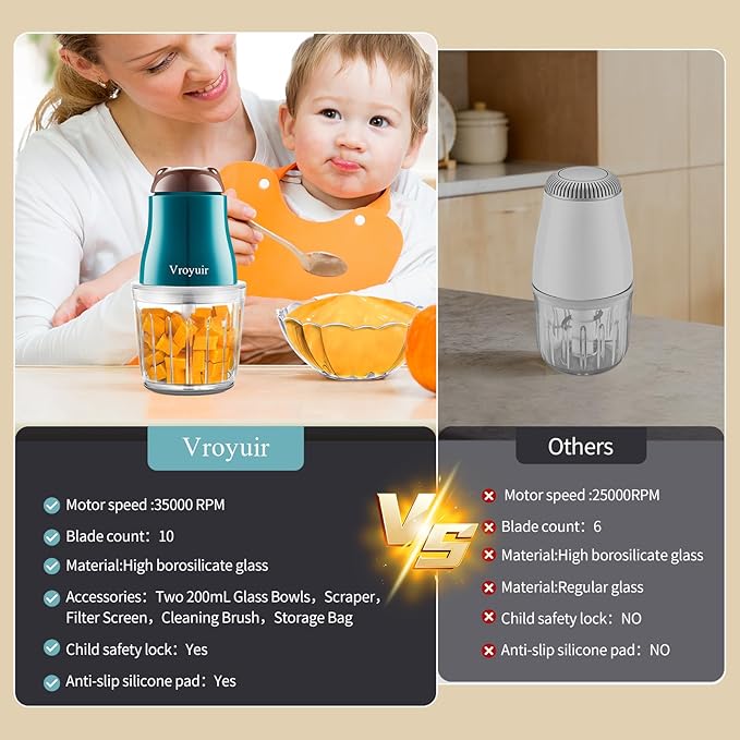 Vroyuir Baby Food Maker, 600ML Baby Food Blender with 10 Blades, Baby Food Processor for Baby Food, Fruit, Vegatable, Meat, with Two 200ml Glass Bowls, Storage Bag, Cleaning Brush, Scraper
