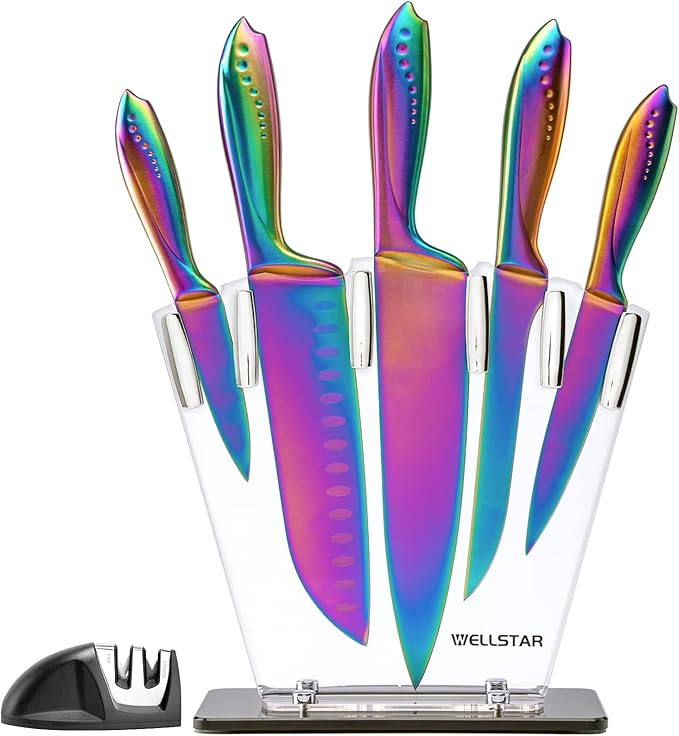 WELLSTAR Rainbow Knife Set 7 Pieces, Iridescent German Stainless Steel Kitchen Knives Set with Acrylic Stand Holder, Colorful Titanium Coating, Chef’s Knife Block Set with 2 Stage Mini Knife Sharpener