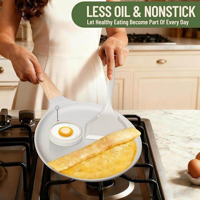 AOSION Crepe Pan Nonstick 11 Inch,Dosa Tawa Creamic,Tortilla pan For Pancake Steak Crepe Salmon,Flat Pan With Ergonmic Handle For All Stoves Top,Gray